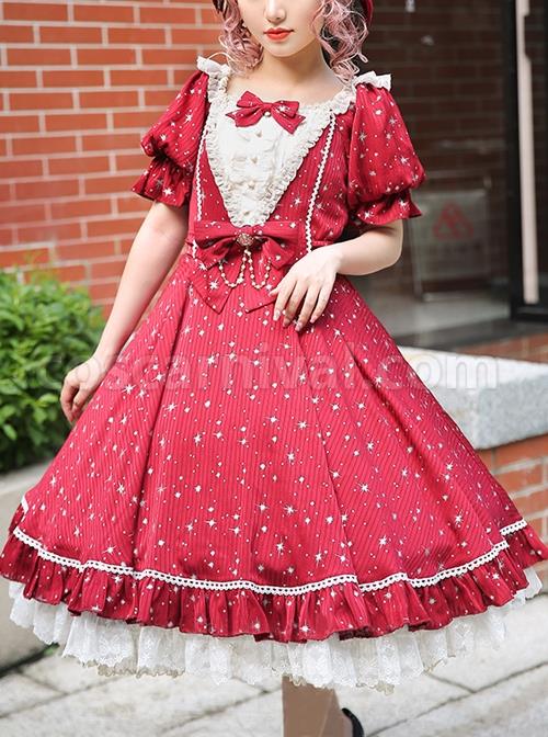Classic-Lolita-Retro-Solid-Color-Star-Shape-Embellishment-Design-Pleated-Neckline-Bow-Knot-Decoration-Short-Sleeve-Dress-coscarnival-3138