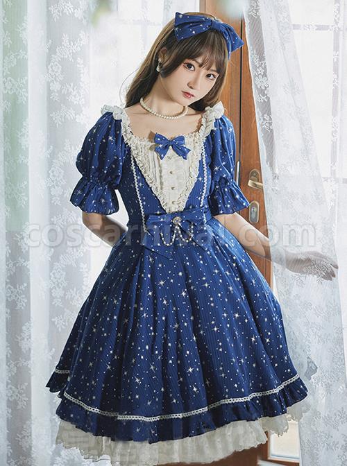 Classic-Lolita-Retro-Solid-Color-Star-Shape-Embellishment-Design-Pleated-Neckline-Bow-Knot-Decoration-Short-Sleeve-Dress-coscarnival-3142