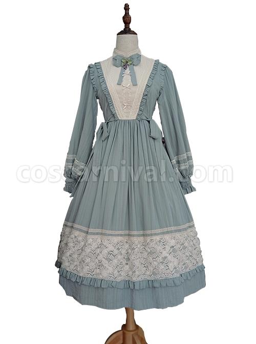 Classic-Lolita-Simple-Jacquard-Lace-Embroidery-Pleated-Ruffle-Pure-Cotton-Bow-Brooch-Decoration-Long-Sleeves-Dress-coscarnival-3122
