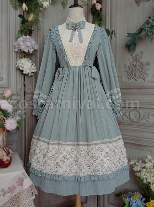 Classic-Lolita-Simple-Jacquard-Lace-Embroidery-Pleated-Ruffle-Pure-Cotton-Bow-Brooch-Decoration-Long-Sleeves-Dress-coscarnival-3126