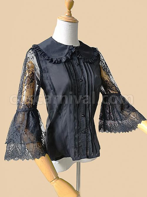 Classic Lolita Solid Color Pleated Doll Neckline Elegant Retro Openwork Jacquard Embroidery Trumpet Sleeve Blouse coscarnival