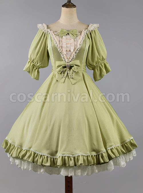 Classic-Lolita-Solid-Color-Vertical-Pattern-Design-Pleated-Ruffle-Neckline-Bow-Knot-Decoration-Short-Sleeve-Dress-coscarnival-1231