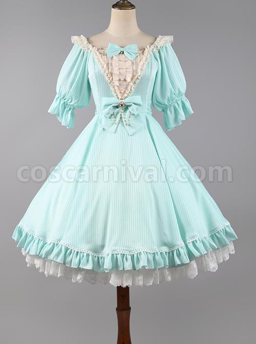 Classic-Lolita-Solid-Color-Vertical-Pattern-Design-Pleated-Ruffle-Neckline-Bow-Knot-Decoration-Short-Sleeve-Dress-coscarnival-1238
