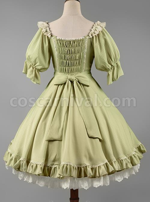 Classic-Lolita-Solid-Color-Vertical-Pattern-Design-Pleated-Ruffle-Neckline-Bow-Knot-Decoration-Short-Sleeve-Dress-coscarnival-1257