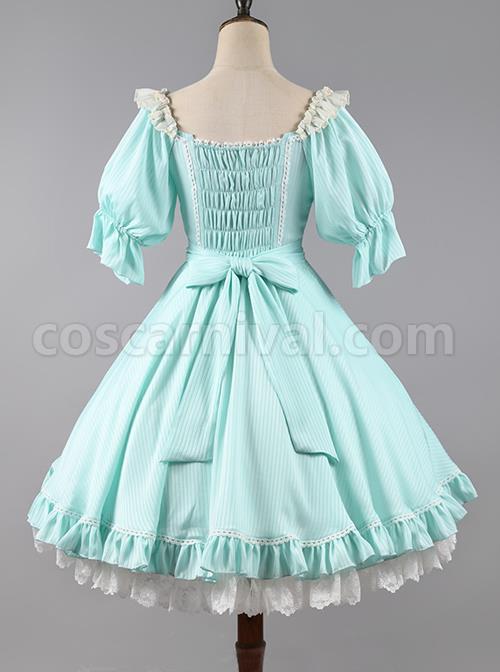 Classic-Lolita-Solid-Color-Vertical-Pattern-Design-Pleated-Ruffle-Neckline-Bow-Knot-Decoration-Short-Sleeve-Dress-coscarnival-1261