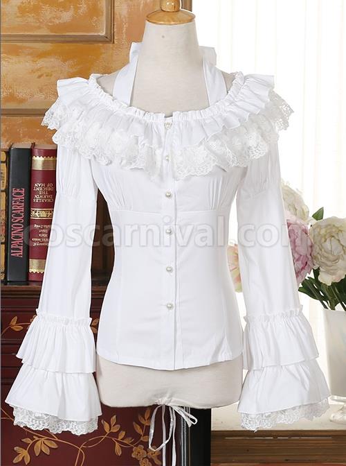 Classic Lolita Solid Pleated Ruffle Jacquard Lace Doll Neckline Halter Design Flared Long Sleeves Slim Blouse coscarnival