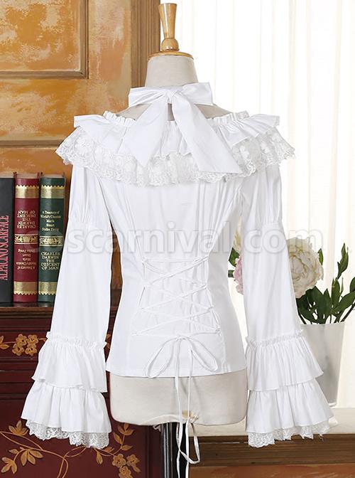 Classic Lolita Solid Pleated Ruffle Jacquard Lace Doll Neckline Halter Design Flared Long Sleeves Slim Blouse coscarnival