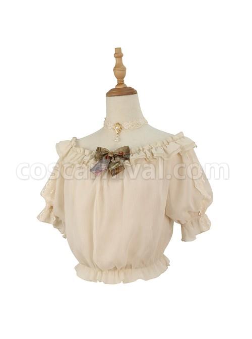 Classic Lolita White Lace Embroidery Ruffles Pleated Off The Shoulder Short Sleeve Shirt coscarnival
