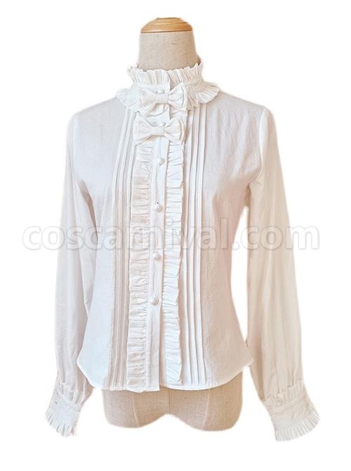 Classic Lolita Pleated Ruffle Stand Collar Bow Knots Decoration Long Sleeves White Shirt coscarnival