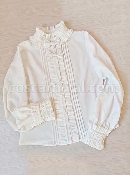 Classic Lolita Pleated Ruffle Stand Collar Bow Knots Decoration Long Sleeves White Shirt coscarnival