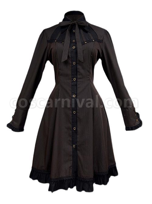 Classic-Vintage-Single-Breasted-Black-Coffee-Pinstripe-Long-Sleeve-Ruffle-A-Type-Gothic-Lolita-Bow-Polo-Neck-Shirt-Dress-coscarnival-3121