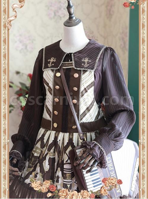 Coffee Color Crucifix Chiffon Embroidery Square Neckline Lolita Long Sleeve Shirt