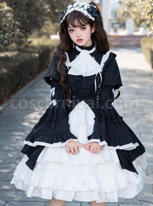 Contract Phantom Night Stone Series Gothic Girl Court Style Black White Detachable Sleeves Gothic Lolita Short-Sleeved Dress coscarnival
