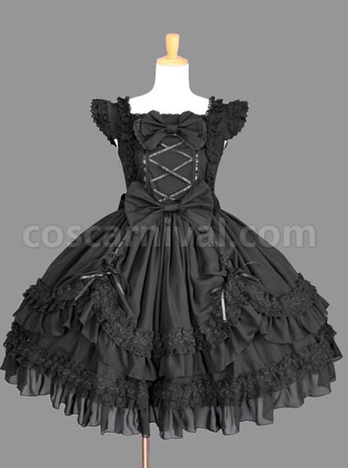 Cotton Black Lace Bowknot Gothic Lolita Sleeveless Dress coscarnival