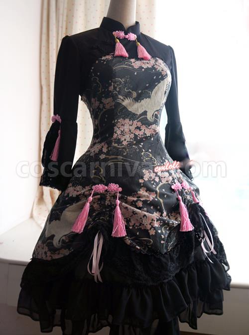 Cotton-Chinese-Style-Printing-Standing-Collar-Tassel-Bowknot-Qi-Lolita-Seventh-Sleeves-Dress-coscarnival-903