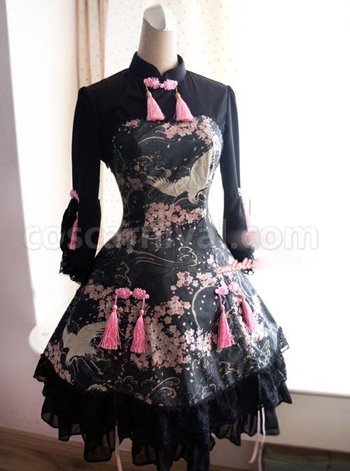 Cotton-Chinese-Style-Printing-Standing-Collar-Tassel-Bowknot-Qi-Lolita-Seventh-Sleeves-Dress-coscarnival-910