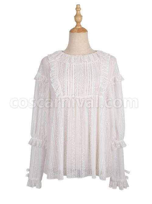 Court Style Elegant Ruffle Collar Elastic Skin-friendly Classic Lolita Pure Color Long Sleeve Shirt coscarnival