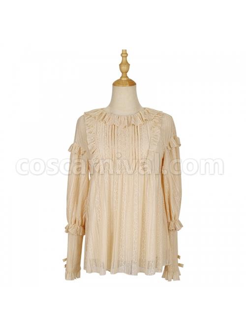 Court Style Elegant Ruffle Collar Elastic Skin-friendly Classic Lolita Pure Color Long Sleeve Shirt coscarnival