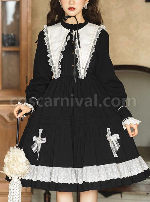 Cross Temple Series OP Pure Color Cotton Halloween Simplicity Gothic Lolita Black Long Sleeve Dress coscarnival