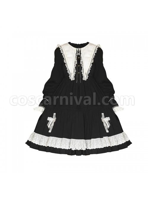 Cross Temple Series OP Pure Color Cotton Halloween Simplicity Gothic Lolita Black Long Sleeve Dress coscarnival