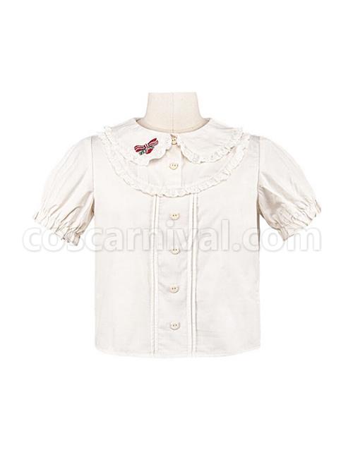 Cute Doll Collar Ruffle Puff Sleeves Sweet Lolita Simple Short Sleeve Shirt coscarnival