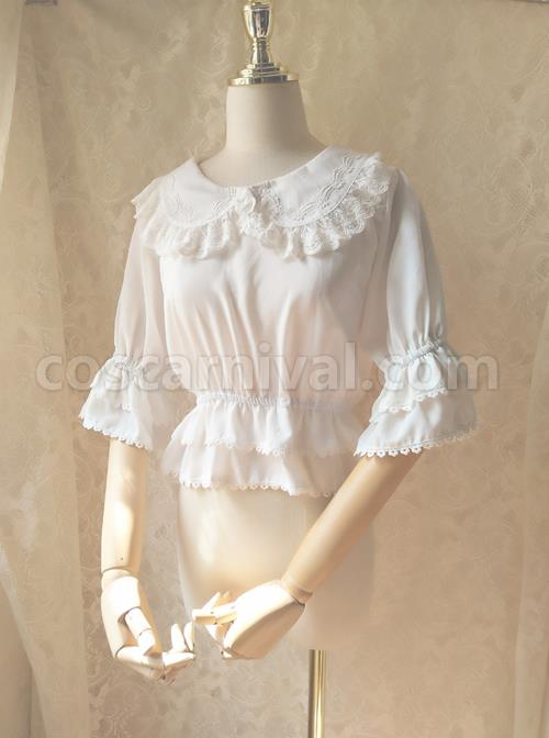 Cute Doll Collar White Chiffon Sweet Lolita Half Sleeve Shirt coscarnival