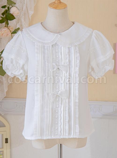 Cute Doll Neckline Court Style Pleated Lace Decoration Puff Sleeves Classic Lolita White Blouse coscarnival