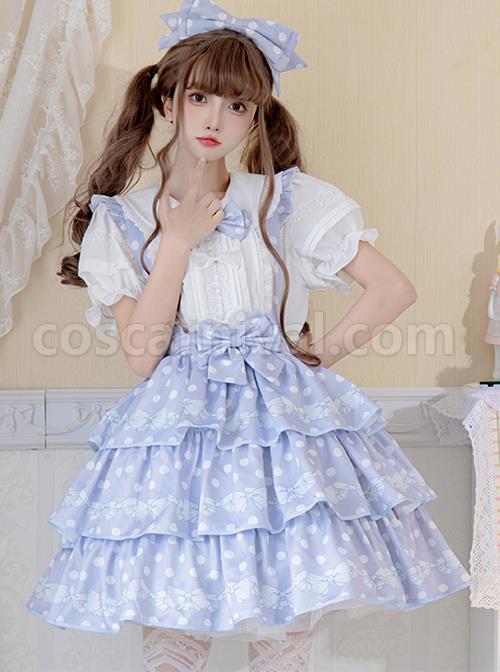 Cute Doll Neckline Court Style Pleated Lace Decoration Puff Sleeves Classic Lolita White Blouse coscarnival