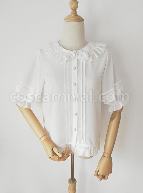 Cute Lace Doll Collar Ruffle Trim Lantern Sleeve Chiffon Classic Lolita Short Sleeve Shirt coscarnival
