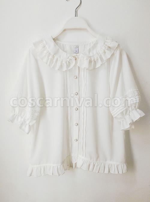 Cute Lace Doll Collar Ruffle Trim Lantern Sleeve Chiffon Classic Lolita Short Sleeve Shirt coscarnival
