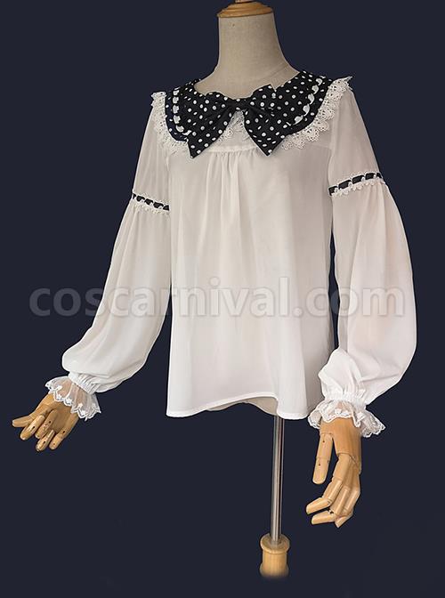 Cute Polka Dots Bunny Ears Pleated Lace Trim Chiffon Long Sleeve Bow Knot Classic Lolita Blouse