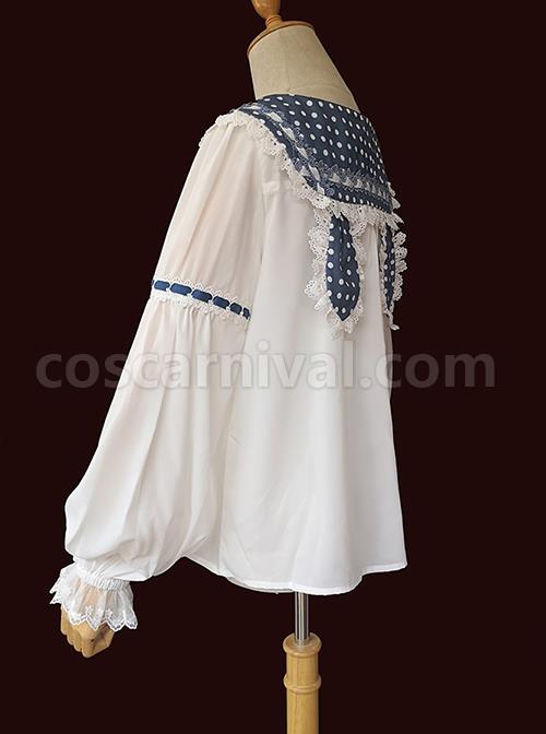 Cute Polka Dots Bunny Ears Pleated Lace Trim Chiffon Long Sleeve Bow Knot Classic Lolita Blouse