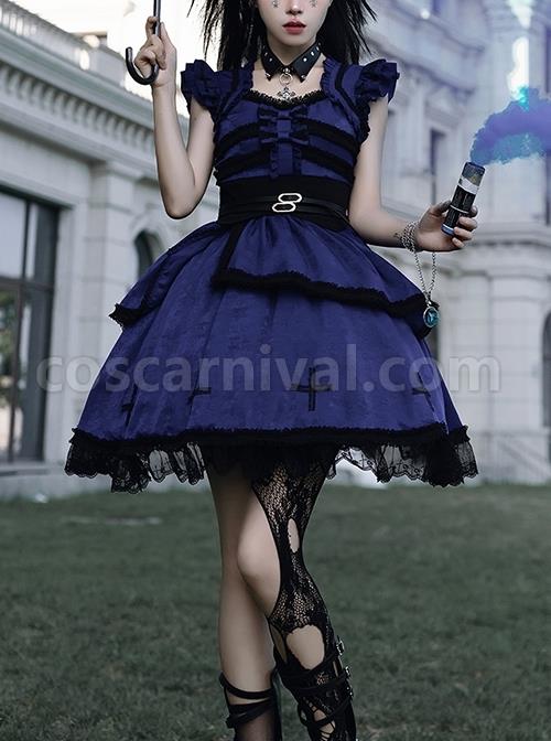 Cycle Series Klein Blue Velvet Halloween Cross Lace Gothic Lolita Short Sleeve Dress coscarnival