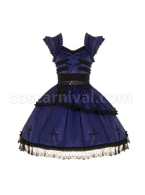 Cycle Series Klein Blue Velvet Halloween Cross Lace Gothic Lolita Short Sleeve Dress coscarnival