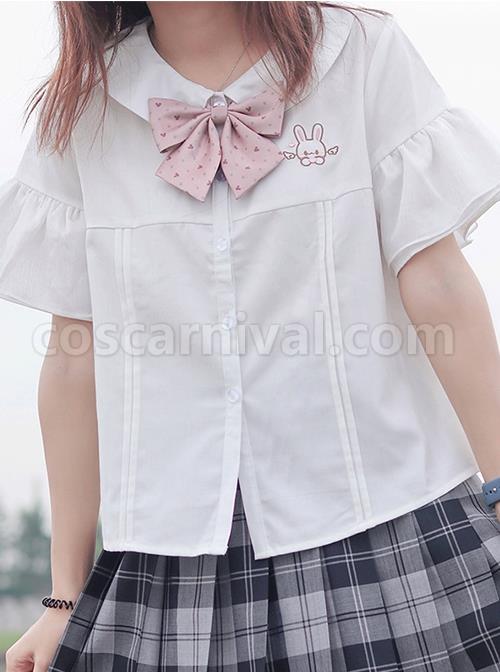 Daily Simplicity Cute Beautifully Embroidered Rabbit Shape Loose Flared Sleeves Campus JK Short Blouse coscarnival
