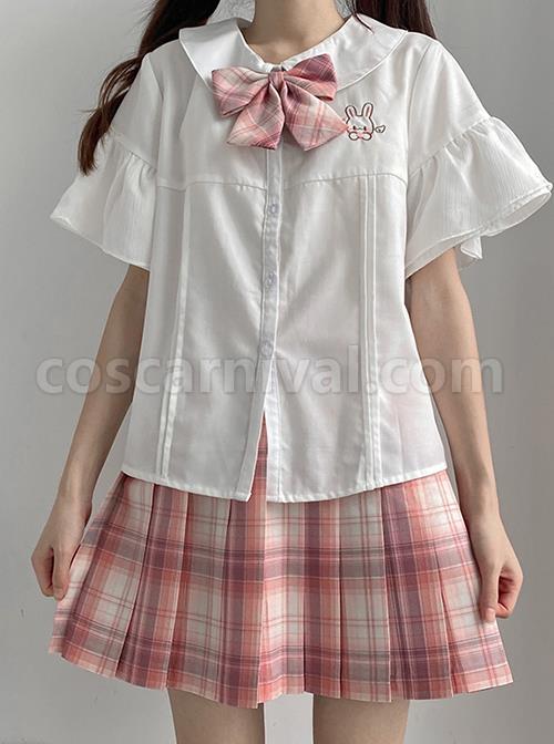 Daily Simplicity Cute Beautifully Embroidered Rabbit Shape Loose Flared Sleeves Campus JK Short Blouse