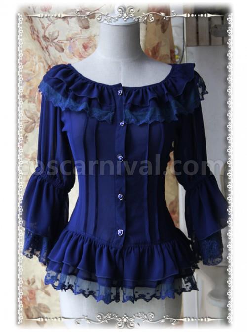 Daily Version Fairy Dance Series Deep Blue Small Trumpet Sleeves Lolita Shirt coscarnival