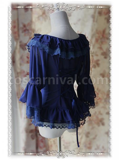 Daily Version Fairy Dance Series Deep Blue Small Trumpet Sleeves Lolita Shirt coscarnival