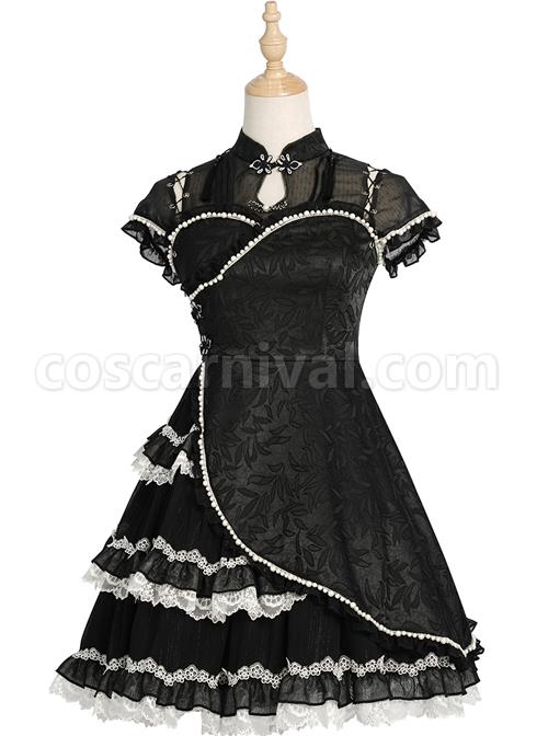 Damask Series OP Chinese Style Black Short Cheongsam Retro Elegant Gothic Lolita Short Sleeve Dress coscarnival