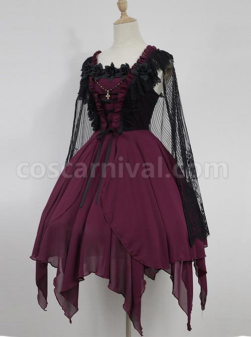 Dark Ballet Floral Fairy dress Gothic Lolita JSK with Detachable Cape