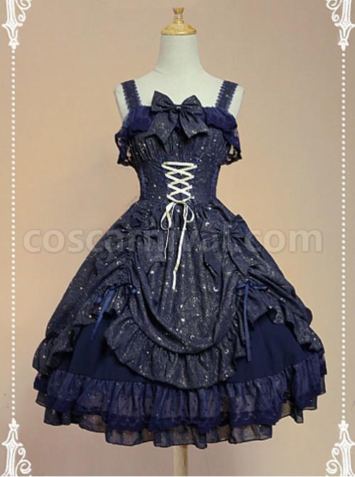 Dark-Blue-Bow-Knot-At-Neckline-Lace-Wrinkle-Vest-Skirt-coscarnival-906