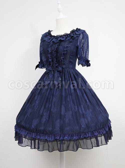 Dark-Blue-Short-Sleeves-With-Flounce-Hemline-Lace-Dress-coscarnival-417