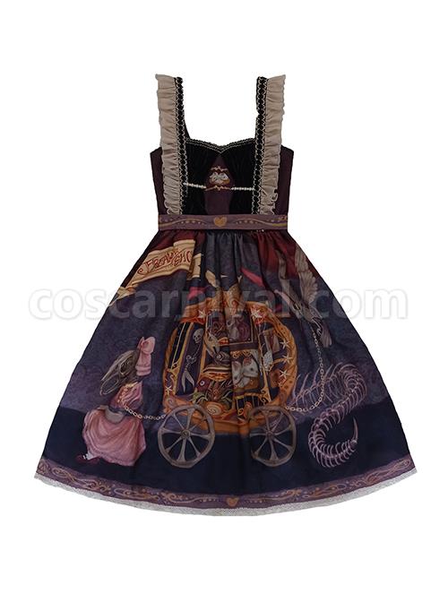 Dark Gothic Strange Circus Skeleton Pattern Print Trim Lolita Pleated Lace Slip Dress