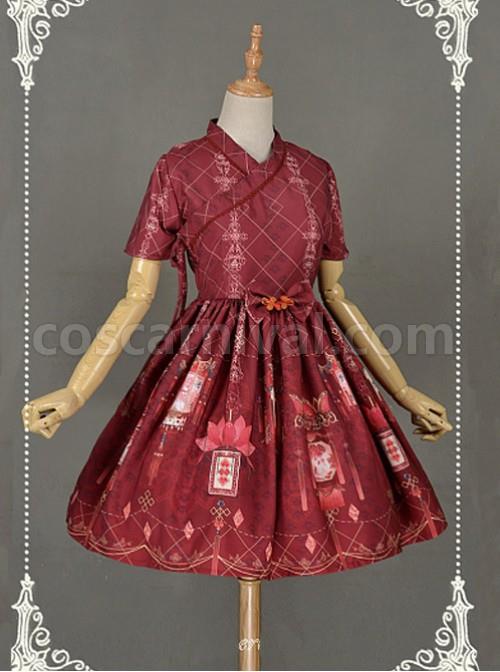 Dark Red Short Sleeves Pleated Skirt Qi Lolita Dress - Chinese Palace Lanterns coscarnival