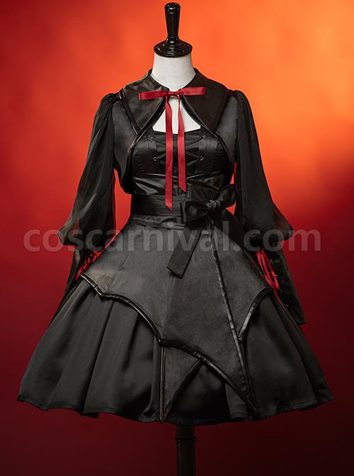 Dark Solid Gothic Halloween Style Irregular Cut At The Hem Bow Belt Decoration Lolita Witch Dress Set coscarnival