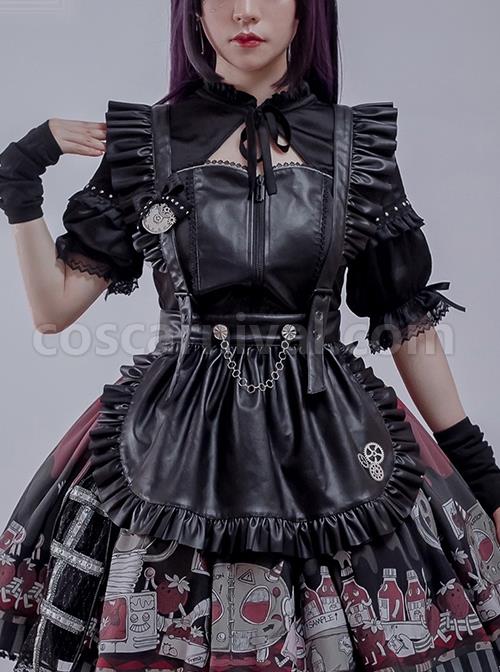 Dark Sweet Cool Style Pleated Cutout Bow Tie Metal Buckle Decoration Leather Short Sleeve Punk Lolita Shirt coscarnival