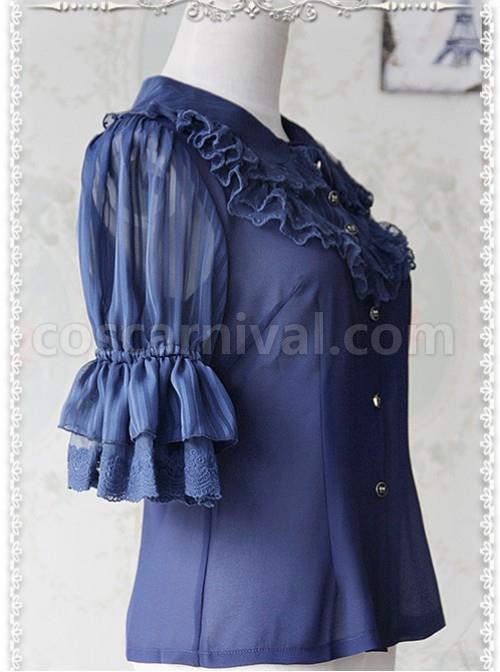 Deep Blue Glass Striped Doll Collar Lolita Bubble Sleeve Shirt coscarnival