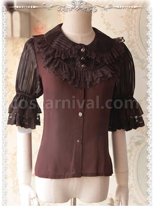 Deep Brown Glass Striped Doll Collar Lolita Bubble Sleeve Shirt coscarnival