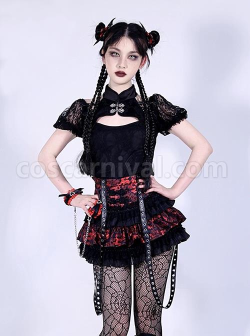 Delicate Jacquard Lace Trim Sexy Off-The-Shoulder Belt Trim Metal Buttons Classic Lolita Double Lace Puff Sleeves Blouse coscarnival