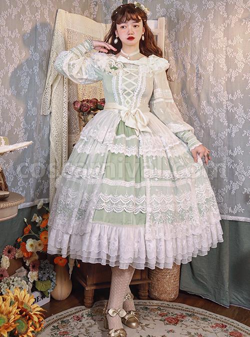 Delicate-Ornate-Pleated-Embroidered-Lace-Layered-Hem-Cross-Straps-Bow-Knot-Classic-Lolita-Long-Sleeve-Dress-coscarnival-3013
